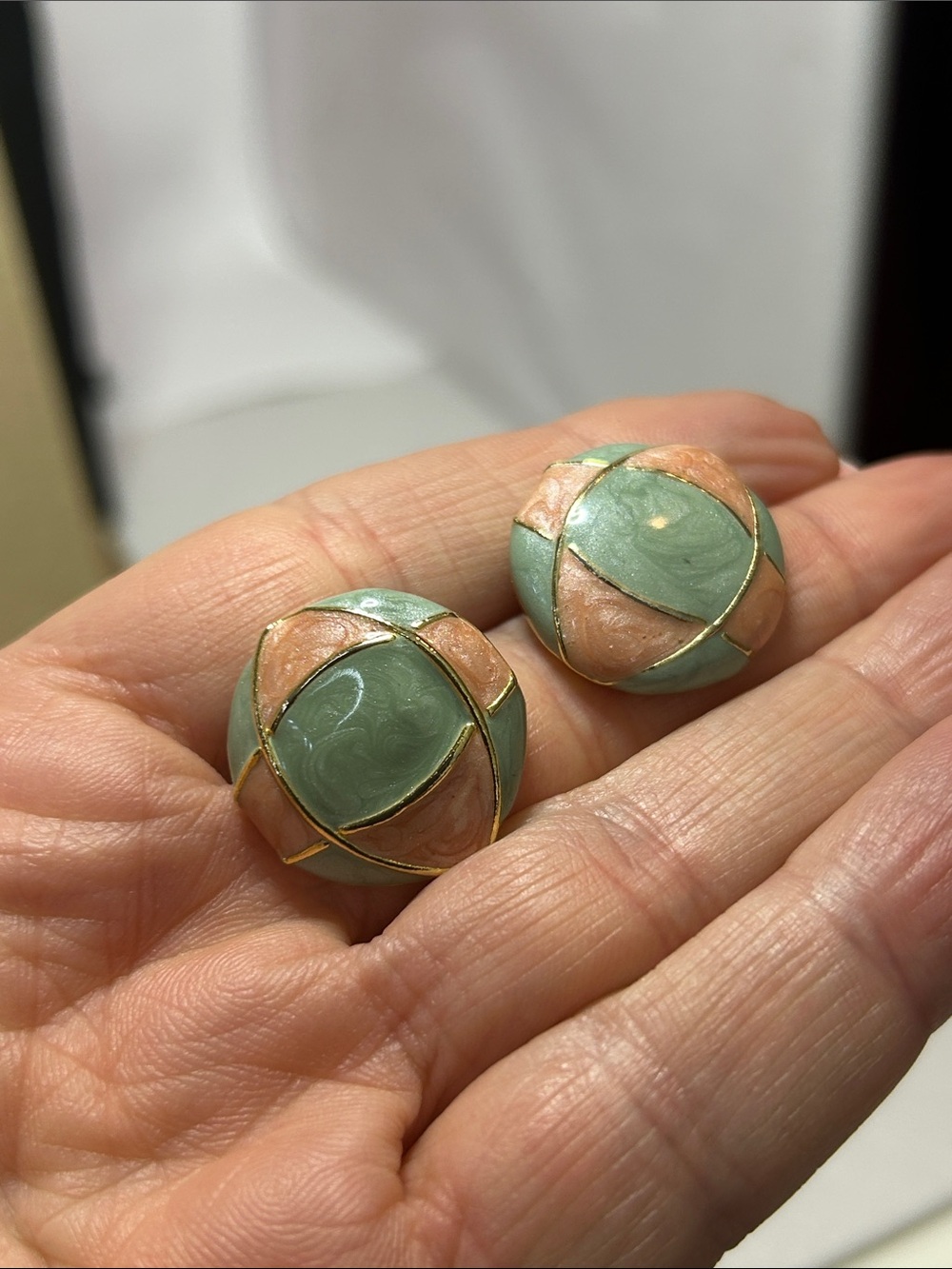 Green and Peach Enamel Dome Earrings Vintage